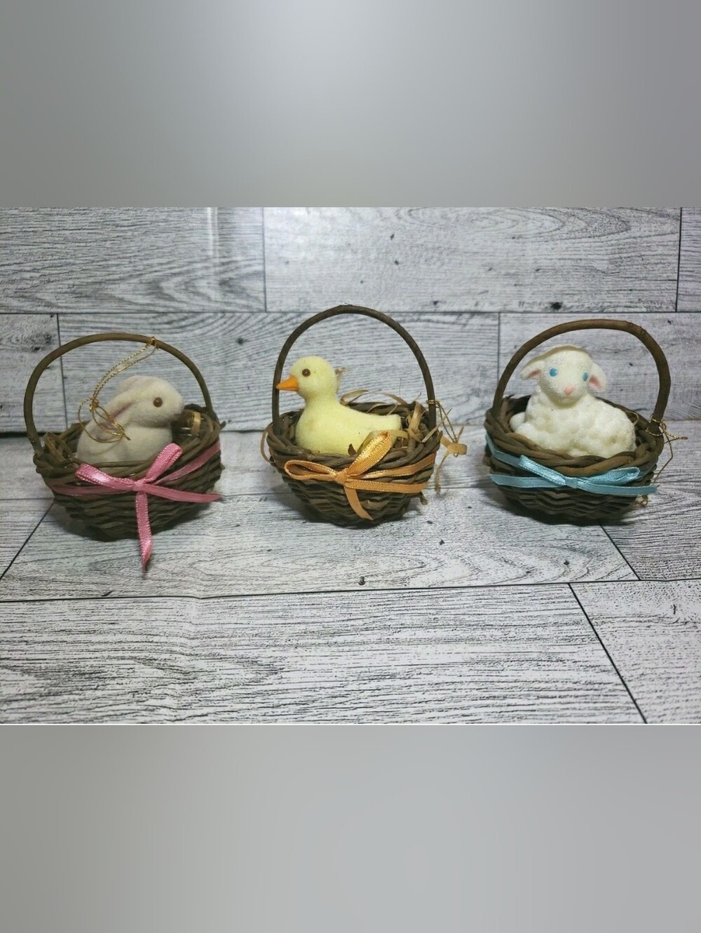 Vtg Flocked Easter Basket Ornaments Bunny Chick Lamb Removable Hang Or Freestand